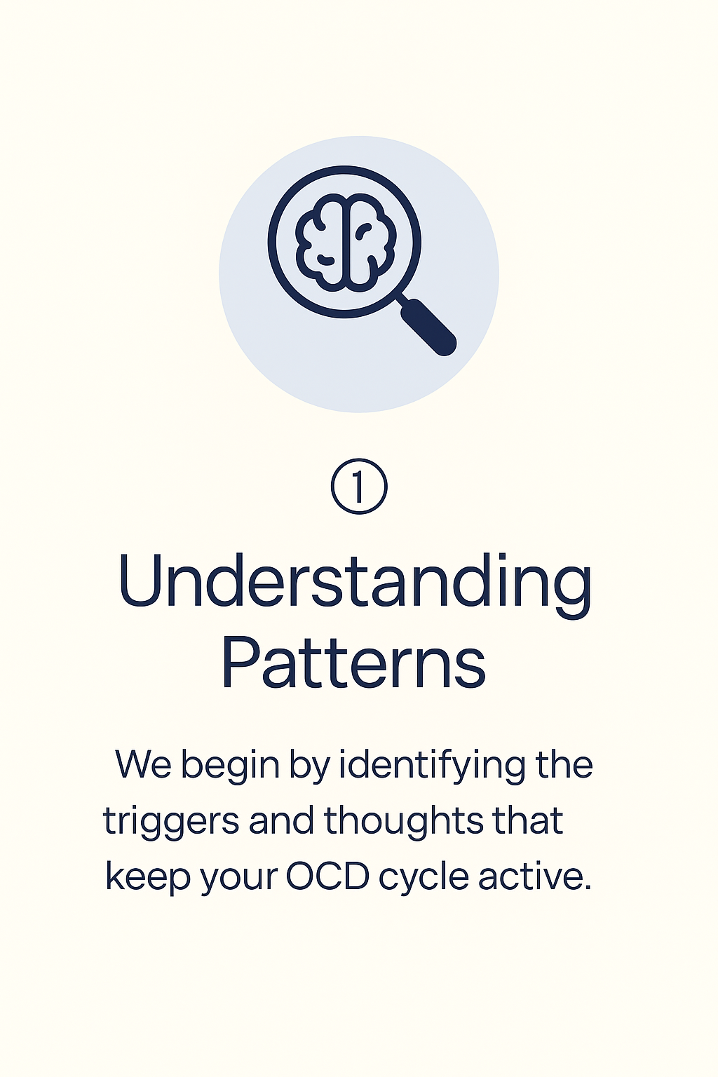 Illustration of a brain inside a magnifying glass, with the title 'Understanding Patterns' and the text 'We begin by identifying the triggers and thoughts that keep your OCD cycle active.'