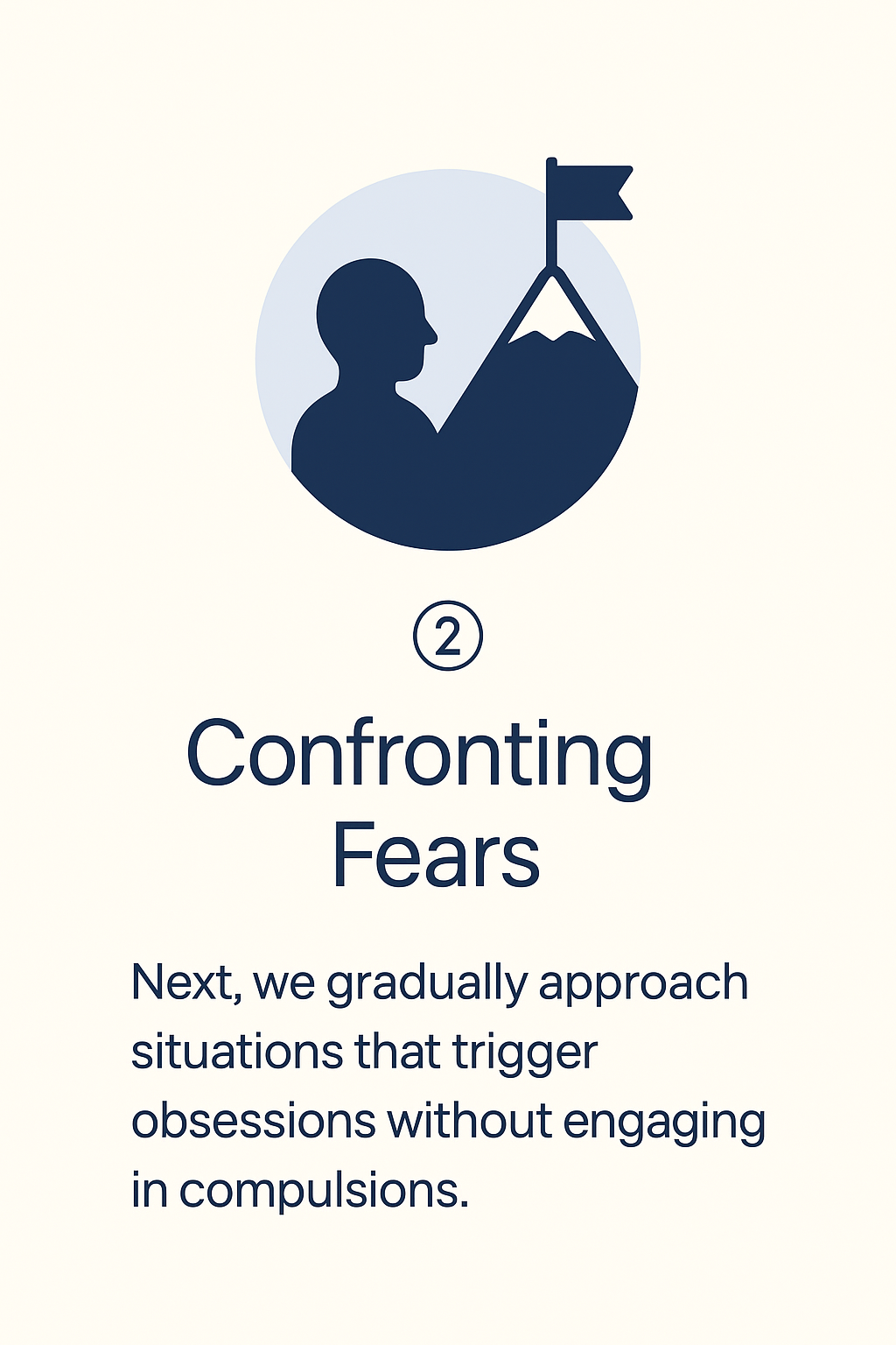 Icon of a person facing a mountain with a flag, symbolizing conquering fears, with the number 2 and the title 'Confronting Fears' and a description about approaching trigger situations gradually.