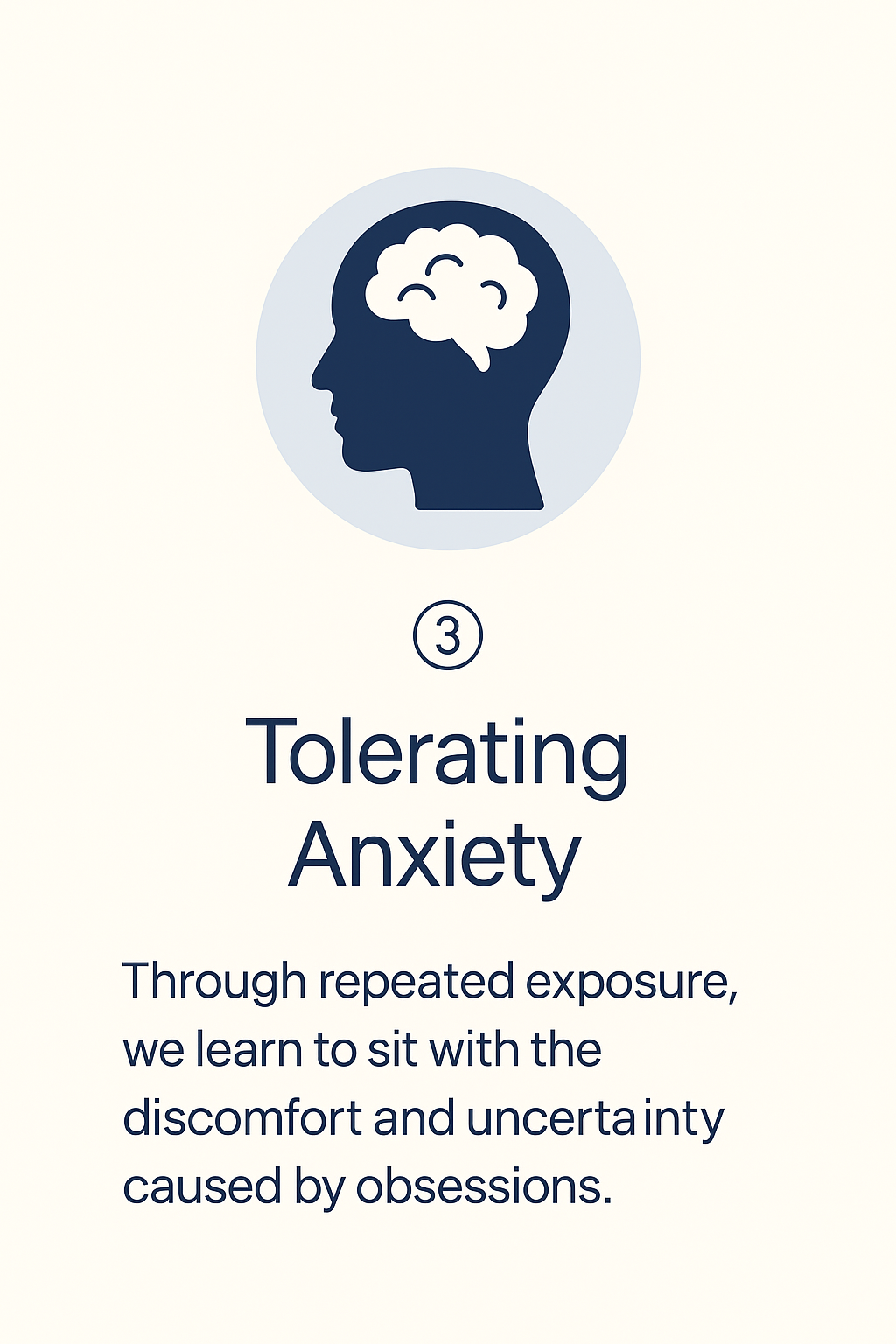 Illustration of a person's profile with a brain inside, representing mental health. The text reads "Tolerating Anxiety" and explains that repeated exposure helps learn to sit with discomfort caused by obsessions.